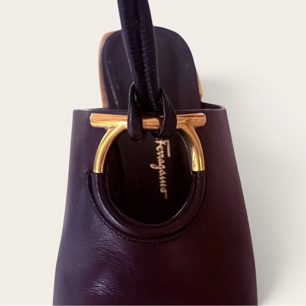 Salvatore Ferragamo Black Leather Lace-Up Mules Brushed Gold Heel - Picture 3 of 8